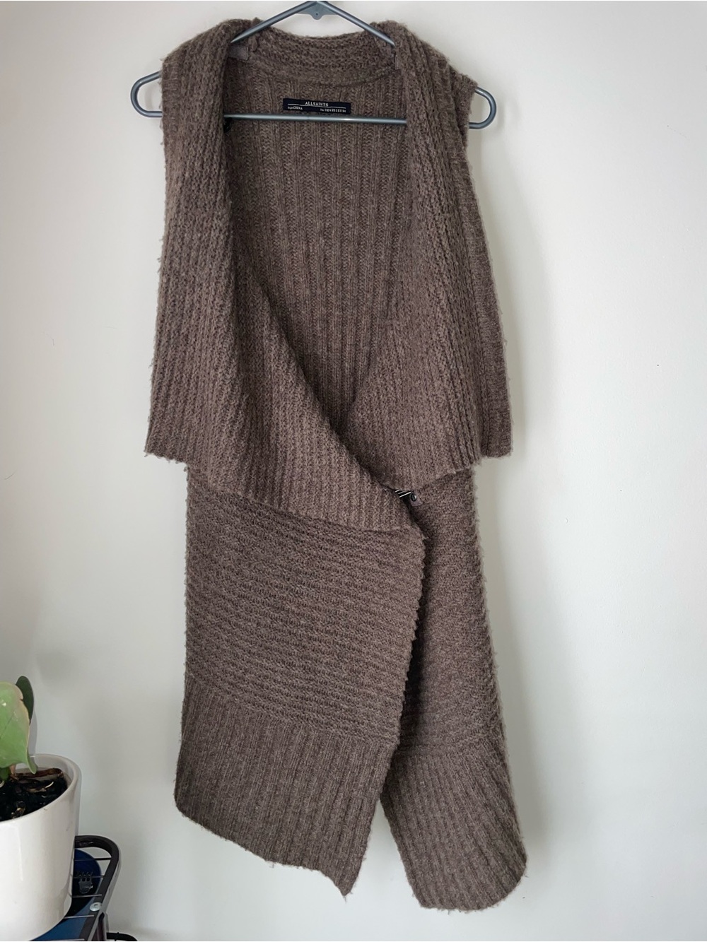 All Saints Brown Ribbed Open-Front Sleeveless Long Cardigan